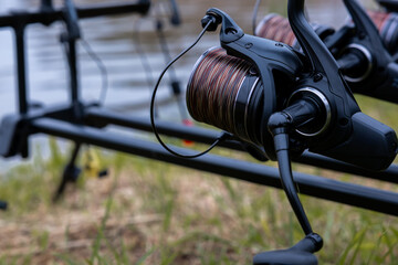 Fishing reel mounted on a rod holder with tightly wound line, positioned near water. Grass is visible in the foreground, adding natural detail.