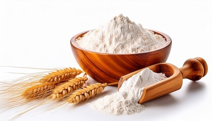 wheat flour in wooden bowl and scoop with ears near isolated on white background