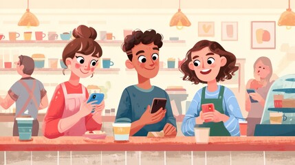 Three Friends Socializing Together in a Cozy Café Interior Setting