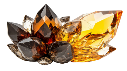 Crystal cluster glistens with multifaceted transparent brown and yellow facets on transparent background