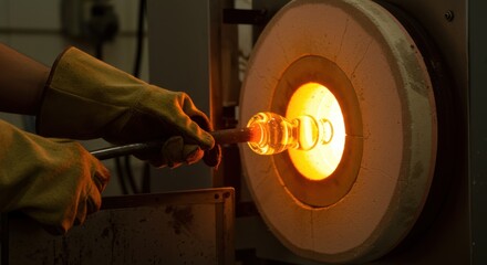 Glassblower working with a molten glass piece near a fiery kiln. Craftsmanship and artisan skill in...