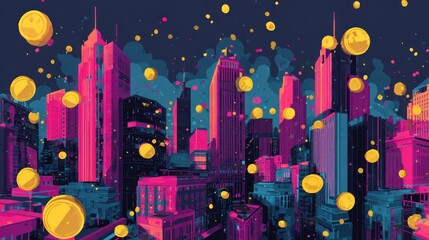 Colorful Abstract Skyline with Floating Digital Coins in a Futuristic Night Scene