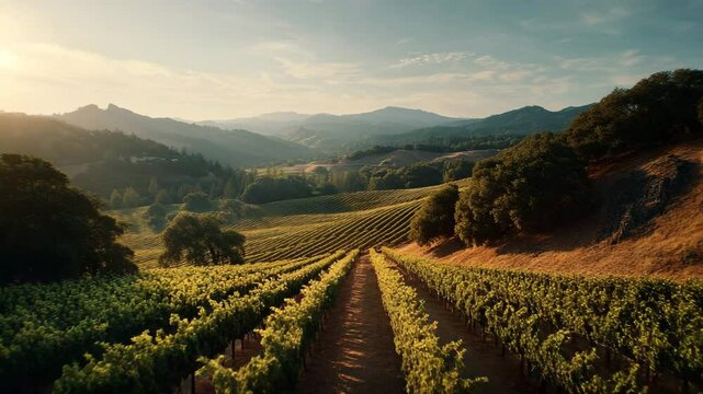 A beautiful vineyard scene in a valley, with lush rows of grapes under a sunny sky.
