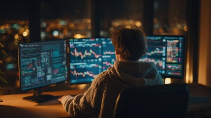 Financial Analyst Working Late in an Office Overlooking a Cityscape, Analyzing Data on Multiple Trading Screens
