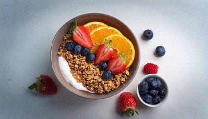 the image shows a bowl of granola topped with fresh fruits such as strawberries blueberries raspberries and orange slices