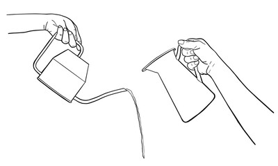 Human Hands Watering Houseplant with Water Can, Hand Drawn Line Vector Illustration