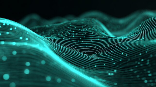 Abstract teal wave background with glowing dots for technology and science presentations 3d rendering