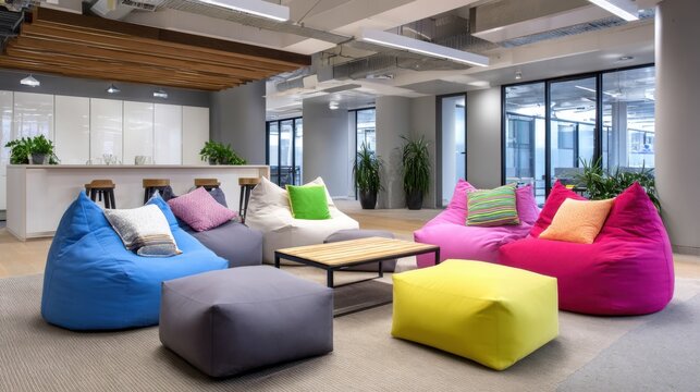 commercial office breakout area, bean bags, colorful cushions, casual vibe, creative space