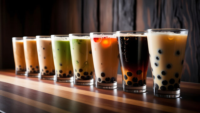 a cinematic, high-contrast photo of a row of six to eight fresh boba bubble tea glasses, each with a vibrant, colorful liquid and a varying number of bubbles, resting on a rich, dark wooden background