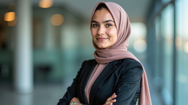 Corporate portrait of a Muslim woman in hijab and business suit
- Powered by Adobe