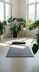 Gray yoga mat in a bright, sunny room with many green house plants. Home gym or meditation space for health and wellness. Cozy fitness area for relaxation.