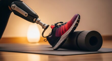 A woman's prosthetic leg and athletic shoe are seen on a yoga mat. Fitness journey and active lifestyle after rehabilitation.