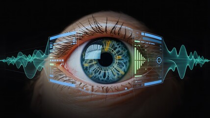 Close-up of a human eye with futuristic digital interface overlay, biometric scanning concept, teal and green waveforms.