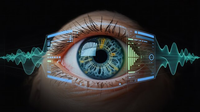 Close-up of a human eye with futuristic digital interface overlay, biometric scanning concept, teal and green waveforms. - Powered by Adobe