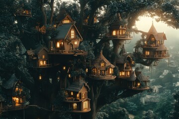 Obraz premium Treehouse village embraces treetops with enchanting lights at dusk, treehouse village high in the treetops, Seamless ing Photo background