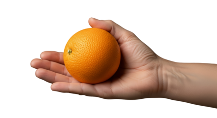 A hand holding an orange on a transparent background
