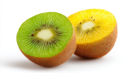 Fototapeta premium Fresh kiwi fruit sliced open, revealing vibrant green and yellow flesh, isolated on white. Minimalist composition showcasing natural beauty and fre 