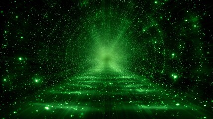 Abstract green light tunnel background with sparkling particles for wallpaper and design element