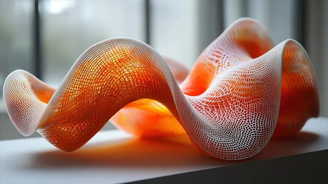 Intricate orange and white lattice sculpture with flowing, organic form
