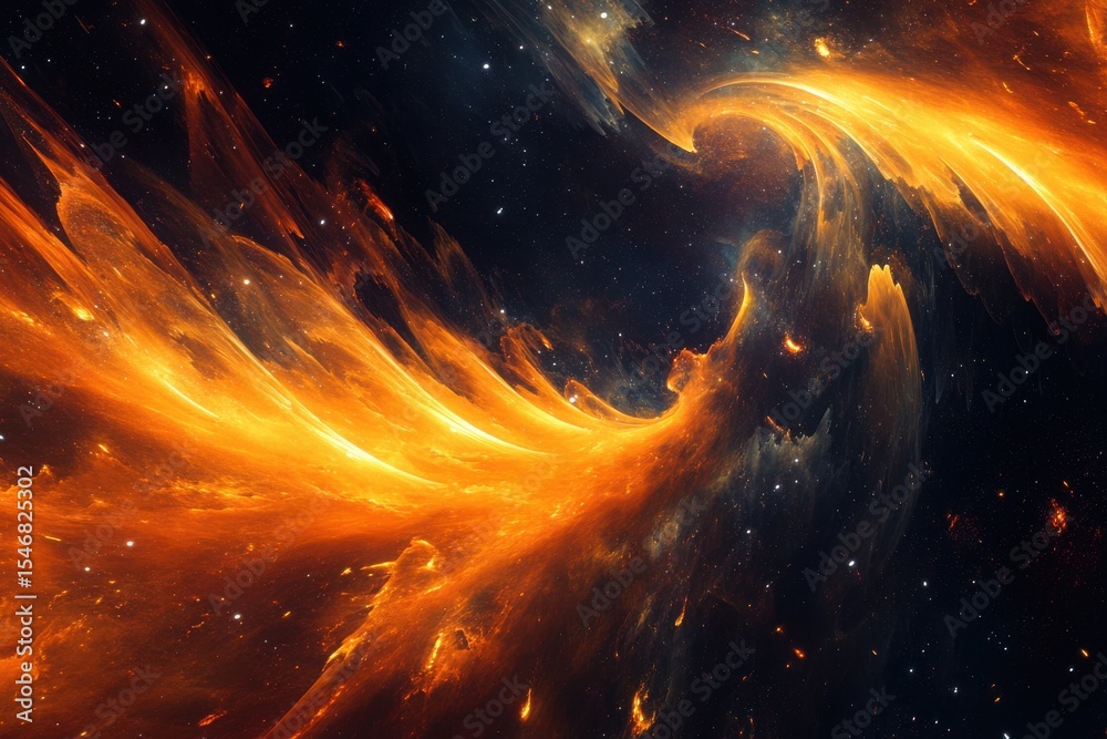 Poster motion blurred rays of fiery light swirling through vast space in a computer generated cosmic scene,