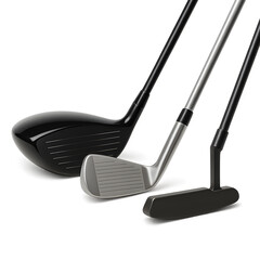 Set of three golf clubs – driver, iron and putter – realistic render isolated on white background