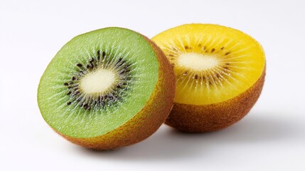 Fototapeta premium Fresh kiwi fruit sliced open, revealing vibrant green and yellow flesh, isolated on white. Minimalist composition showcasing natural beauty and fre 