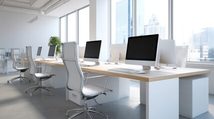 Fototapeta premium commercial office workstation, computers on desks, ergonomic chairs, clean minimalist setup, bright daylight