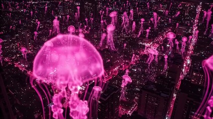 Pink Animated Jellyfish Floating Above Illuminated City Buildings at Night - Powered by Adobe