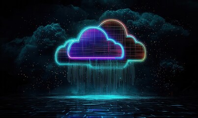 Obraz premium Digital cloud concept showcasing vibrant neon clouds with cascading rain effects against a dark atmospheric background