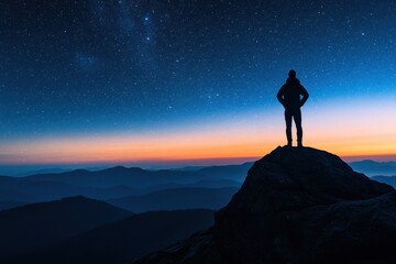 Silhouette of a person standing on a mountain peak beneath a starry sky at dusk, Silhouette of person standing on mountain top against starry sky at twilight