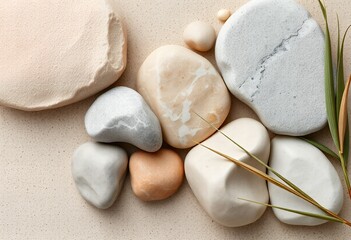 Close-up of smooth stones, pebbles, and leaves artfully arranged on a neutral-toned surface