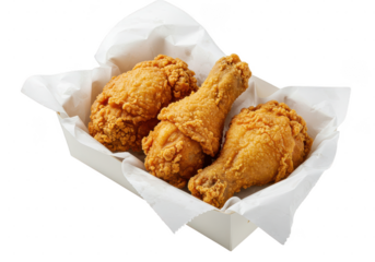 Three pieces of golden fried chicken in a white paper lined container ready to be served and enjoyed on transparent background