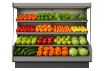 Refrigerated display case filled with fresh fruits and vegetables on transparent background