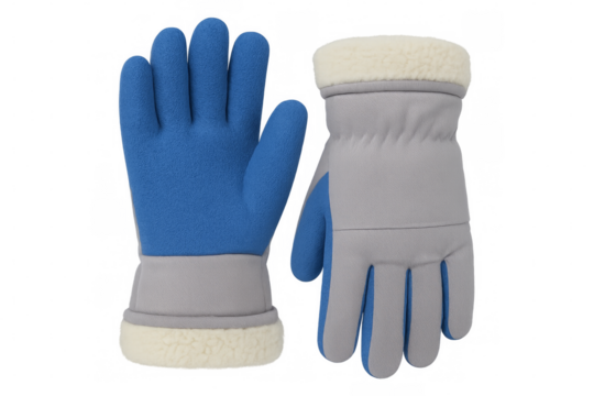 Blue and grey winter gloves with sherpa lining on transparent background