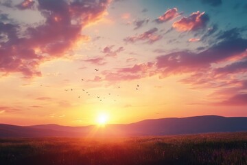 Mystical sunrise over rolling hills with vibrant sky and gentle clouds, mystical sunrise with beautiful sky seamless ing overlay virtual Photo background