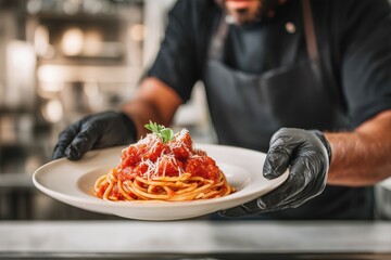 A chef plating pasta with sauce on a white plate in a restaurant kitchen.