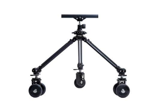 Professional camera tripod with wheels for smooth movement and stability on transparent background