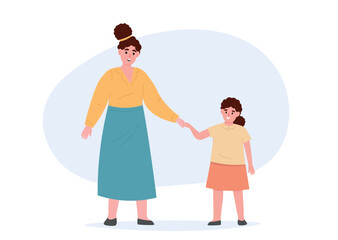 Mother with daughter holding hands in full growth. Happy caring family. Vector flat graphics.
