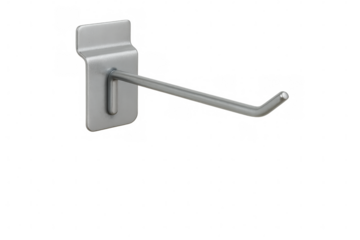 Metal hook hanging on transparent background for slat wall displaying products