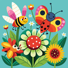 Cheerful Bee and Butterfly Friends Explore a Vibrant Flower Garden