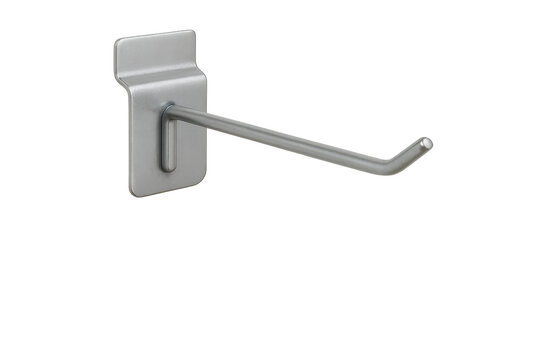 Metal hook hanging on transparent background for slat wall displaying products