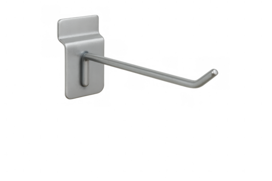 Metal hook hanging on transparent background for slat wall displaying products