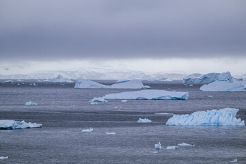 Beautiful paradise harbor in Antarctica under overcast sky