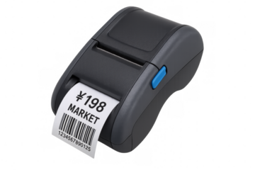 Portable label printer printing a label with bar code and price in yen on transparent background