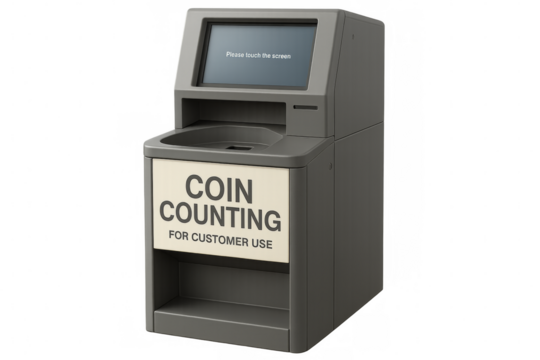 Coin counting machine with touch screen on transparent background