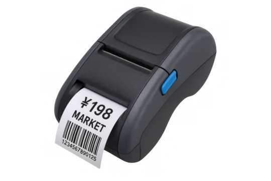 Portable label printer printing a label with bar code and price in yen on transparent background
