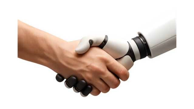 Human Hand Shaking Robot Hand Isolated on Transparent Background PNG - AI, Technology, Partnership, Futuristic Collaboration