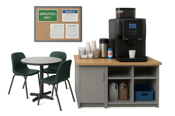Office break room with coffee machine, table, chairs and bulletin board on transparent background