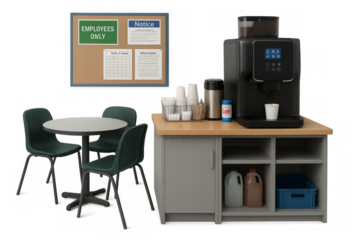 Office break room with coffee machine, table, chairs and bulletin board on transparent background