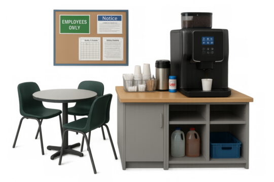 Office break room with coffee machine, table, chairs and bulletin board on transparent background